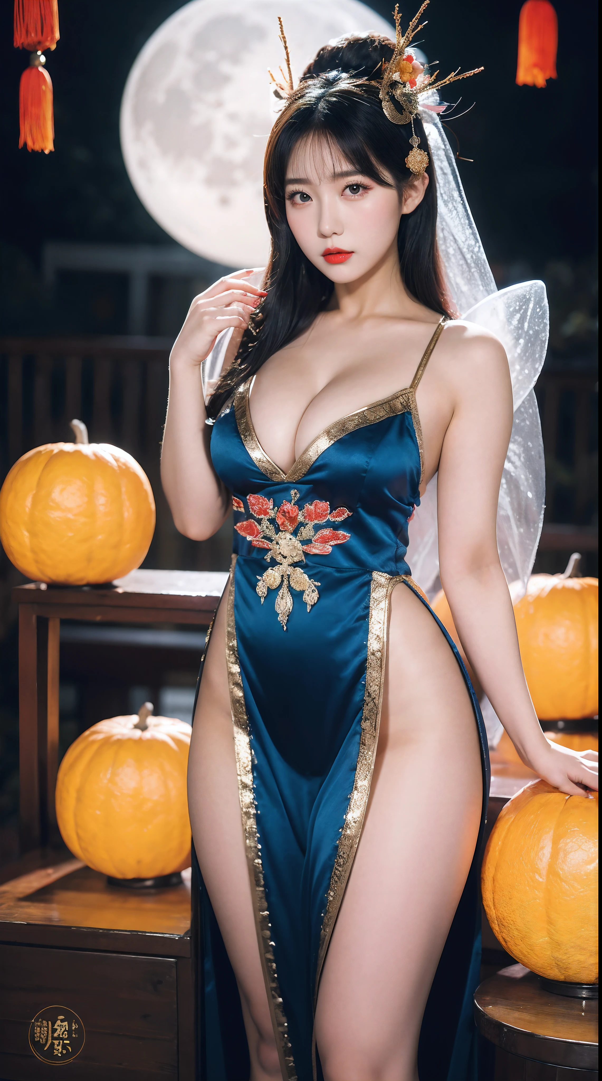 Beautiful Girl, Korean makeup, Red lips, Platinum hair, medium body, big breasts, thigh, Chinese fairy costume, Antique, sexy outfits, Mid-Autumn Festival decoration, moon background mode.