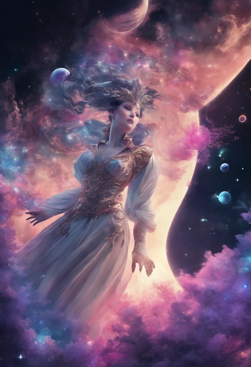 Belle Femme en robe de soie noire et avec de la fumée noir à la place du haut du visage. Debout sur un îlot rocheux flottant dans l'espace devant un arbre avec des yeux à la place des feuilles.