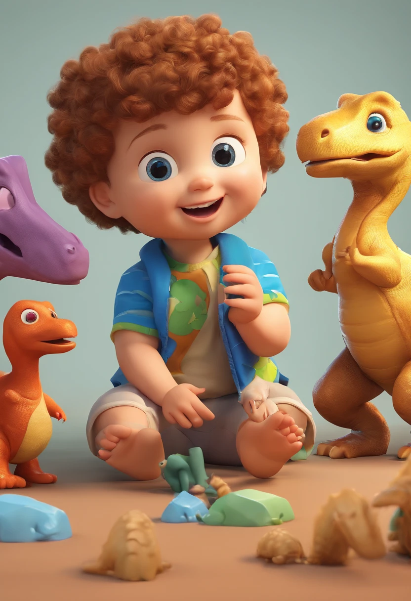 One-year-old baby with curly dark blonde hair and who loves dinosaurs