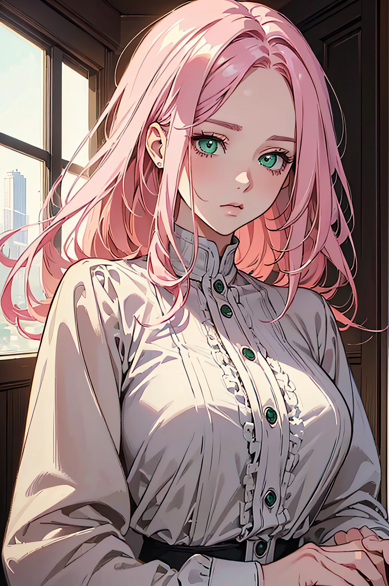 (masterpiece, 1:2 best quality, digital art, digital illustration) (4K, 8K, high resolution, sharp image, perfect lines, soft lighting, morning) (1:1, photorealistic) (neutral colors HDR 1.4) Manhwa style, 1 girl, pink hair, green eyes, soft expression, cold expression, student, white skin