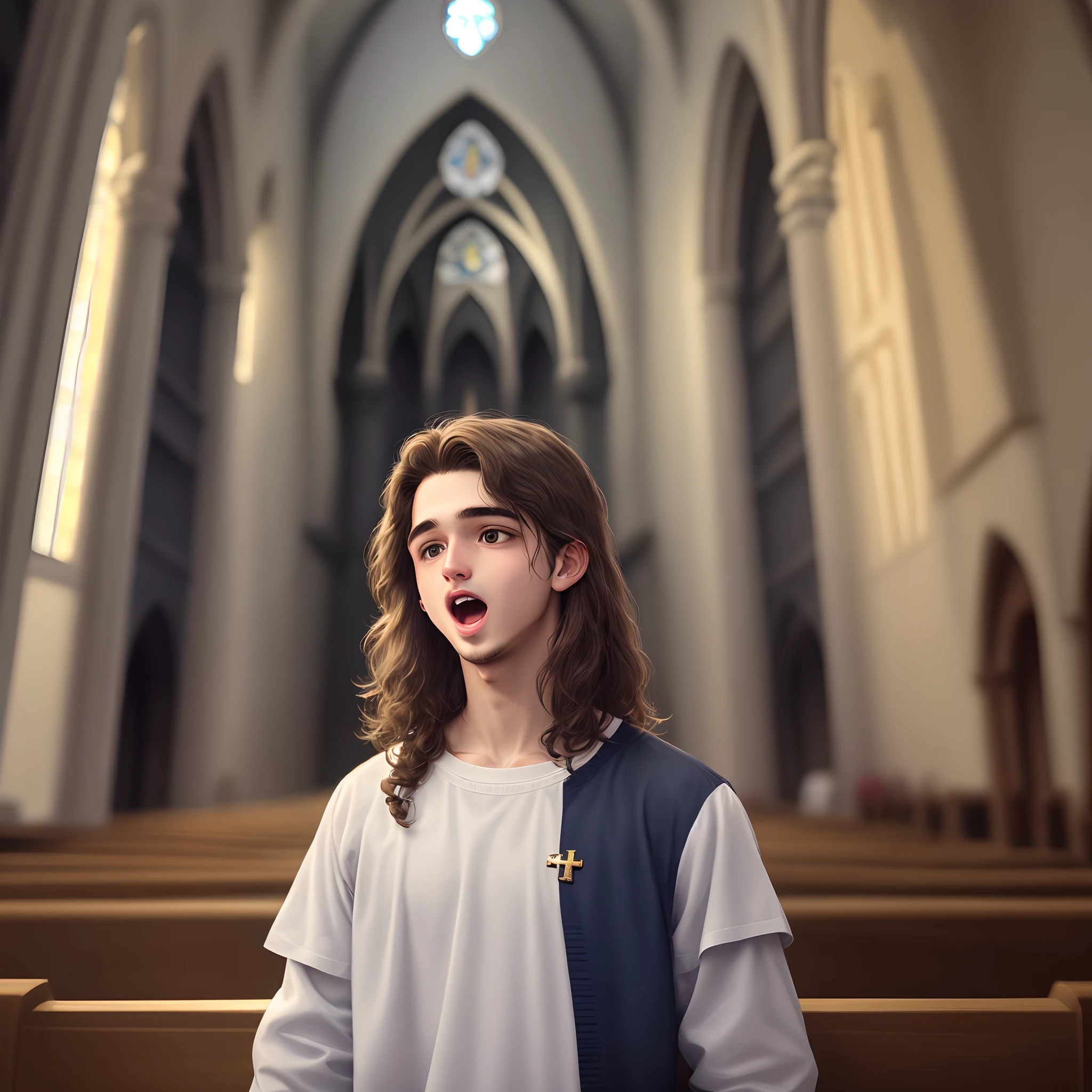 Jovem, gordinho, cabelo escuro, olhos escuros, cantando na igreja no microfone