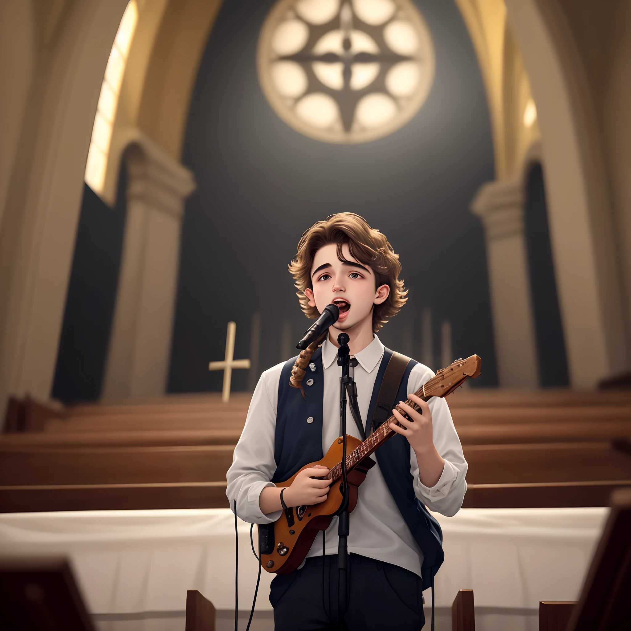 Jovem, gordinho, cabelo escuro, olhos escuros, cantando na igreja no microfone