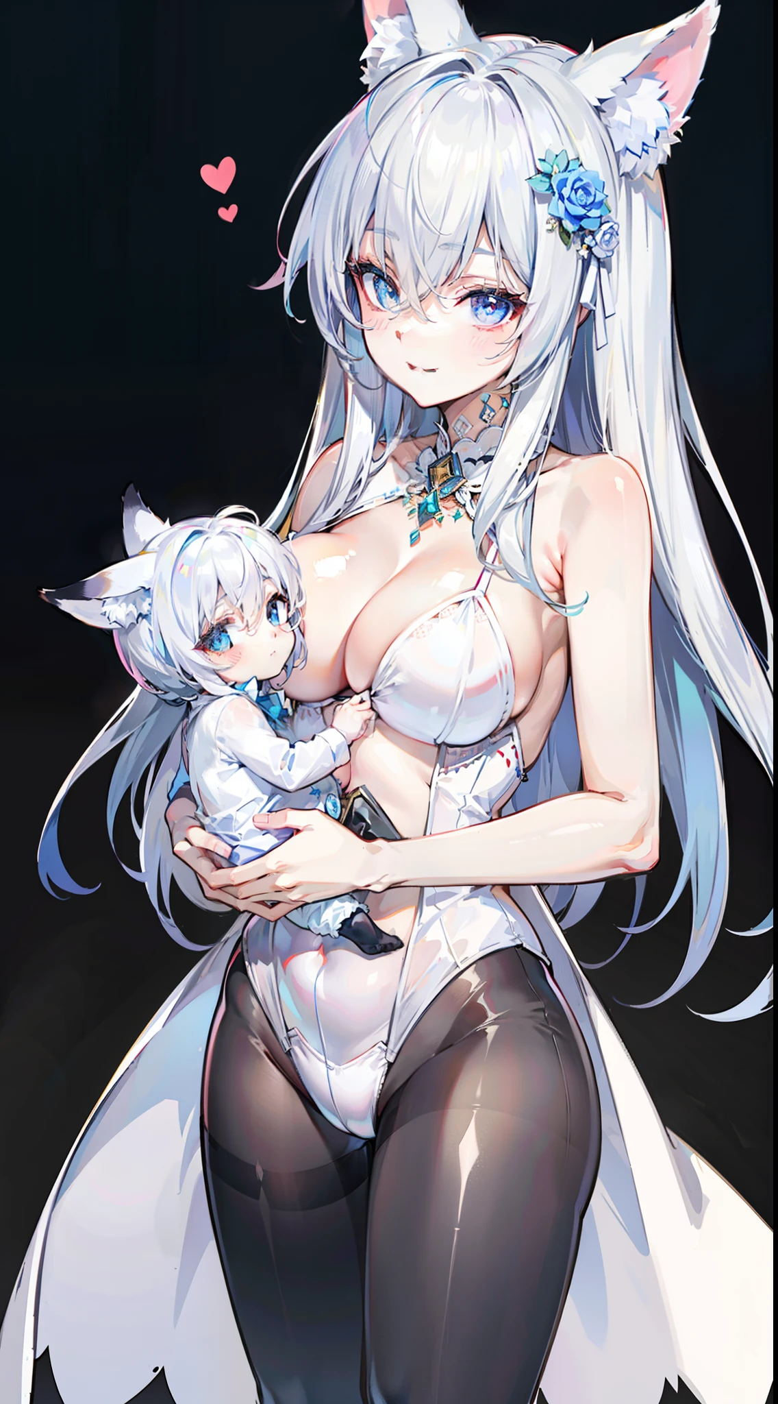 Light smile,  8K, Best quality，black pantyhose，big boobs，fox ears，white hair，bunny girl clothes.holding a  boy