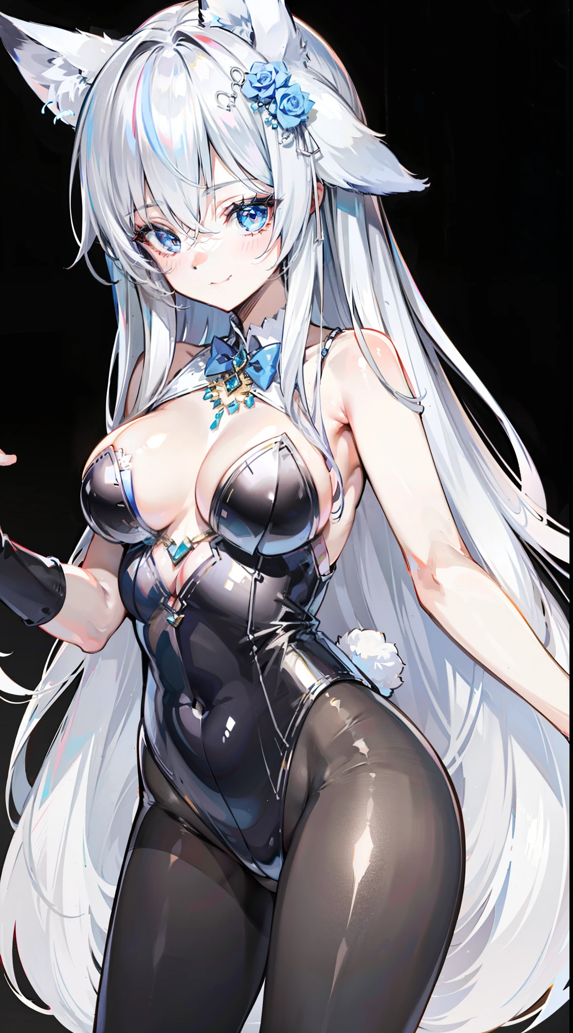 Light smile, 8K, Best quality,black pantyhose,big boobs,fox ears,white hair,bunny girl clothes.holding a small boy