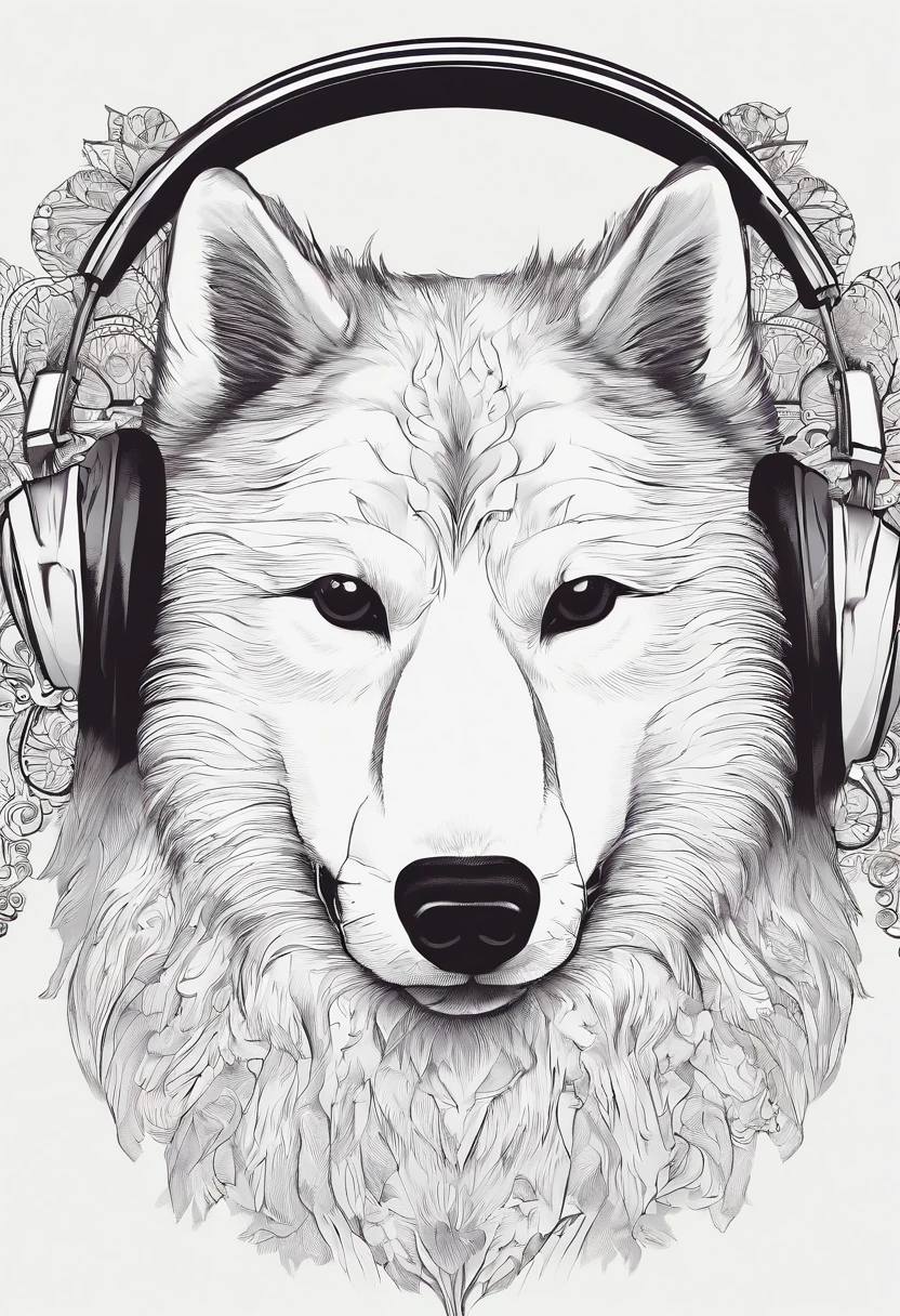 Samoyed with headphones and a bandana around his neck, coloring page, para adultos, linhas em negrito, corpo do filhote de cachorro mandala, mandala, Mandala Face, symmetric, fundo branco, Arte de linha limpa, arte de linha fina, - - AR 14,8cmx21cm