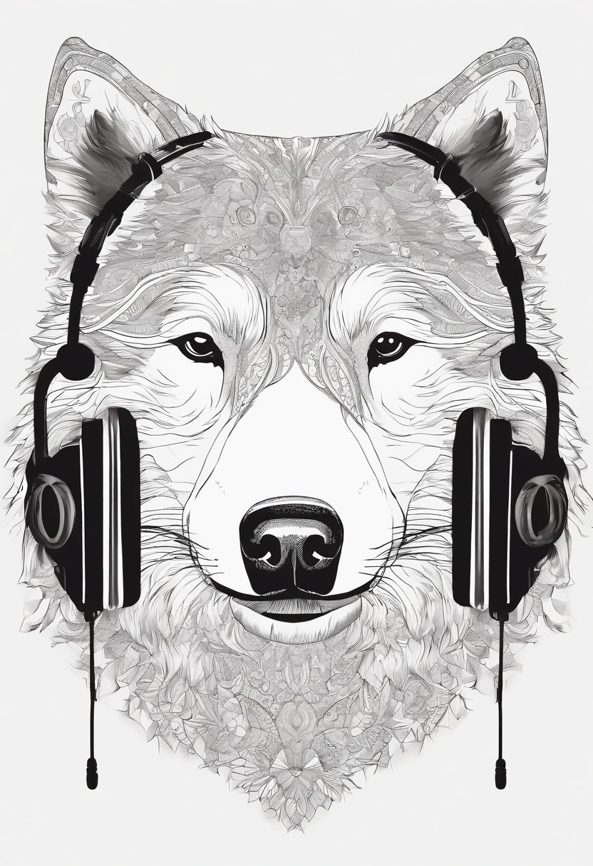 Samoyed with headphones and a bandana around his neck, coloring page, para adultos, linhas em negrito, corpo do filhote de cachorro mandala, mandala, Mandala Face, symmetric, fundo branco, Arte de linha limpa, arte de linha fina, - - AR 14,8cmx21cm