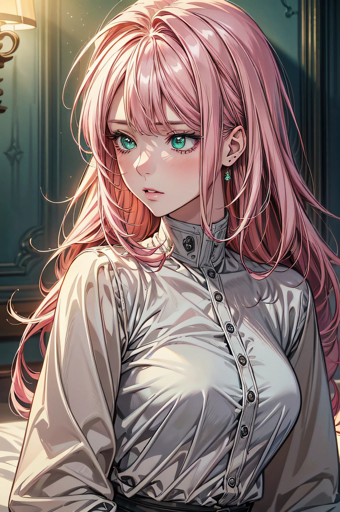 (masterpiece, 1:2 best quality, digital art, digital illustration) (4K, 8K, high resolution, sharp image, perfect lines, soft lighting, morning) (1:1, photorealistic) (neutral colors HDR 1.4) Manhwa style, 1 girl, pink hair, green eyes, soft expression, cold expression, student, white skin