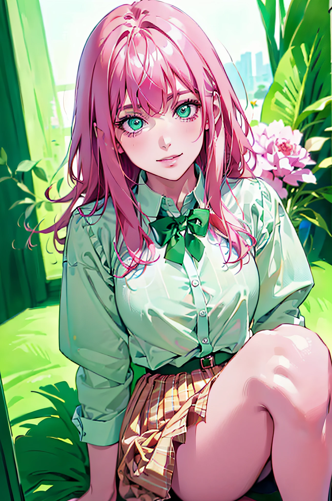 (masterpiece, 1:2 best quality, digital art, digital illustration) (4K, 8K, high resolution, sharp image, perfect lines, soft lighting, morning) (1:1, photorealistic) (vivid colors HDR 1.4) Manhwa style, 1  girl, pink hair, green eyes, soft expression, soft smile, student, white skin, (looking at camera, 1.2 camera in bottom-up position)