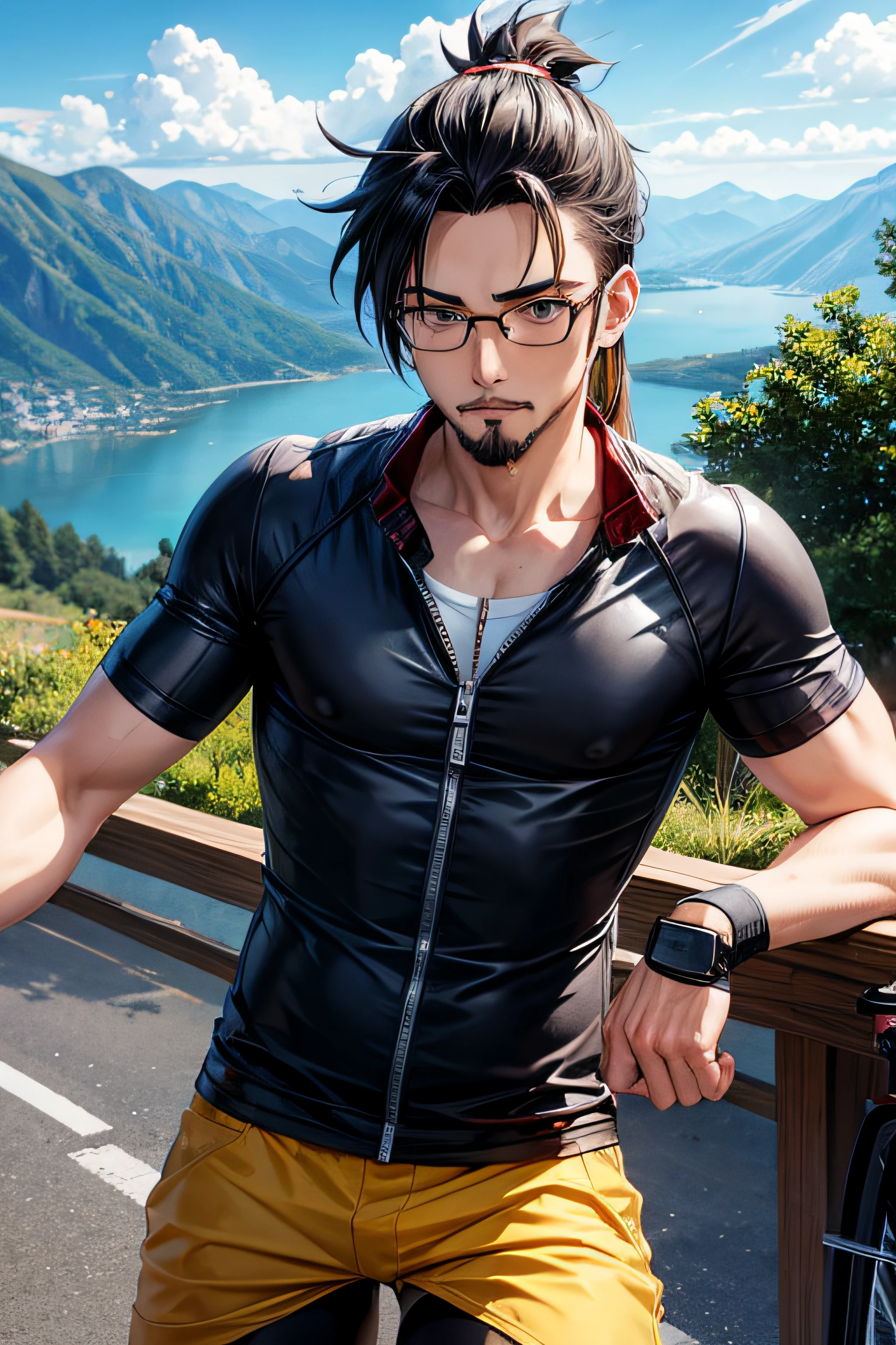 Anime style,BIKE,Guy,A young,goatee,eyeglasses,pony tail,mountains,