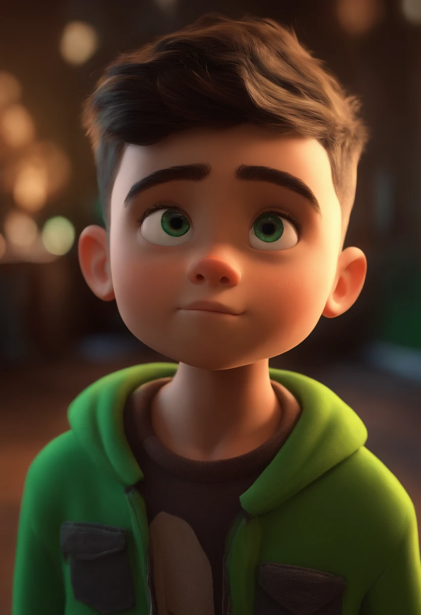 Image of a boy for a story in Pixar format, He's tall, tem olhos verdes e cabelo preto cacheado.