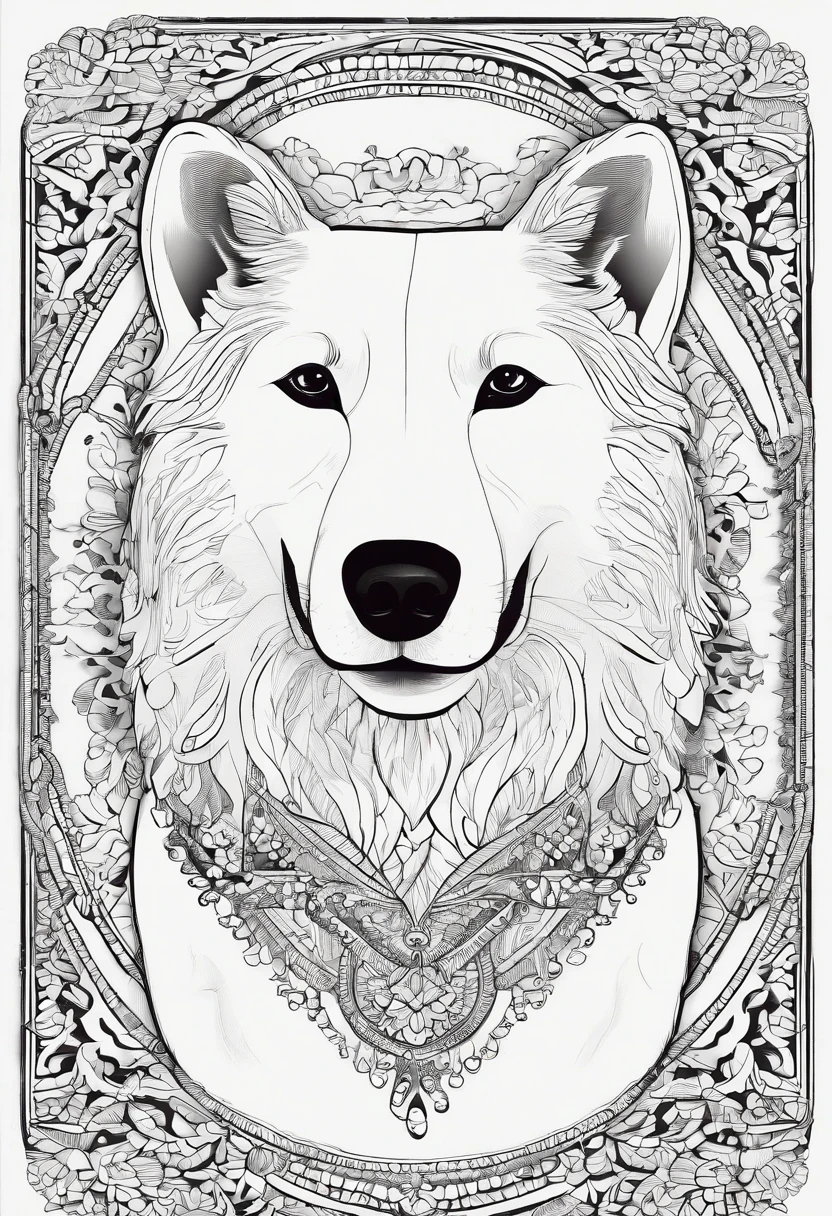 Samoyed with headphones and a bandana around his neck, coloring page, para adultos, linhas em negrito, corpo do filhote de cachorro mandala, mandala, Mandala Face, estilo paisagem symmetric, fundo branco, Arte de linha limpa, arte de linha fina, - - AR 14,8cmx21cm