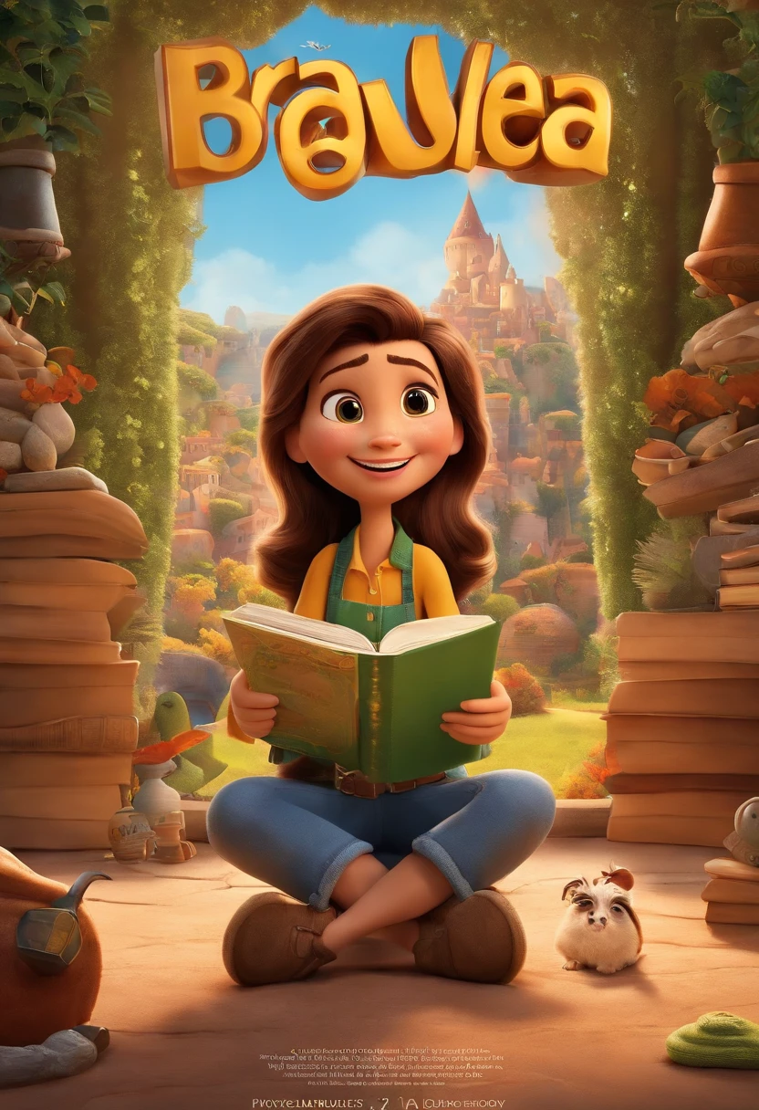 Create a poster in the style of Disney PIXAR movies and examine the title: BRUNELLA.
The setting should be a beautiful psychological office , com cores claras e amplo. The main image should be of a beautiful psychologist. De pele clara, cabelos lisos escuros curtos, sorriso no rosto, wearing pants, camisa e jaleco. The man must occupy up to 30% da imagem, at the top must have the title in PIXAR DISNEY the amazing psychologist handwriting and style.