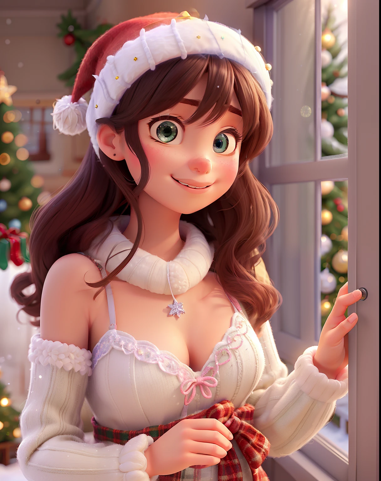 In a picturesque Disney Pixar Christmas illustration, A group of adults girld friends, a charming indoor house is adorned with sparkling "christmas" decorations. Outside, delicate "snow" blankets the scenery, while a "cute young woman" in snug "woolen" underwear gazes through the frosted "window," capturing the enchanting holiday spirit. She is wearing wool lingerie underwear. view from behind. Captured from behind from the ground