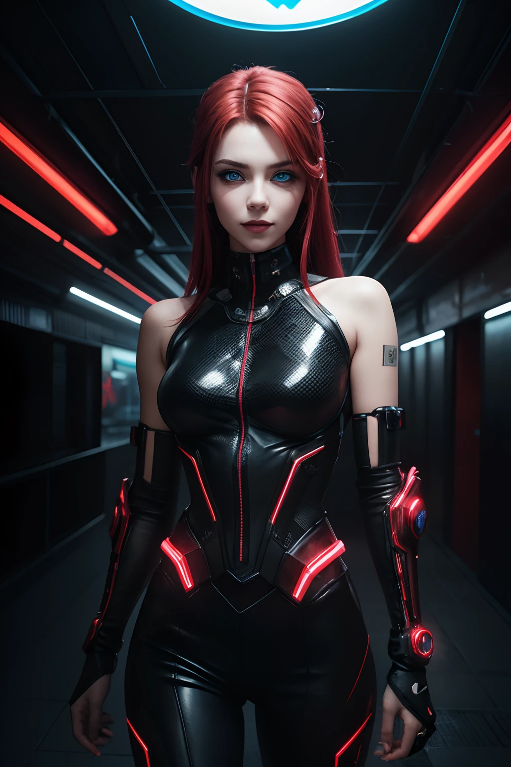 Full-body portrait photography, Bright red hair, Mesmerizing blue eyes, Enigmatic smile, Futuristic neon cyberpunk backdrop, Vibrant colors, Futuristic atmosphere, High-resolution image, Detailed hair texture, Intriguing expression, Futuristic lighting, Mysterious, Striking contrast, Vibrant cyberpunk hues, Graceful pose, Modern aesthetics.