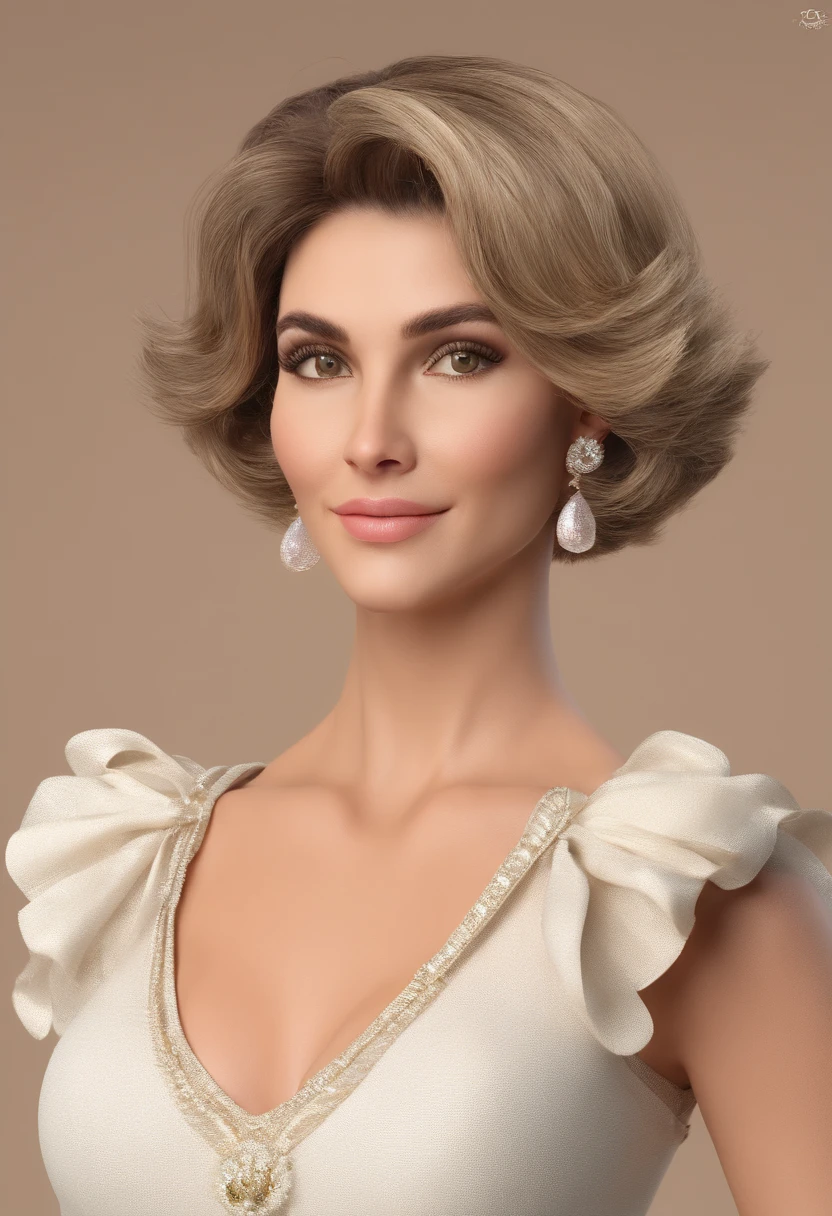 Mulher de 50 anos loira cabelo chanel curto olhos castanhos, com escrita na roupa ACS
