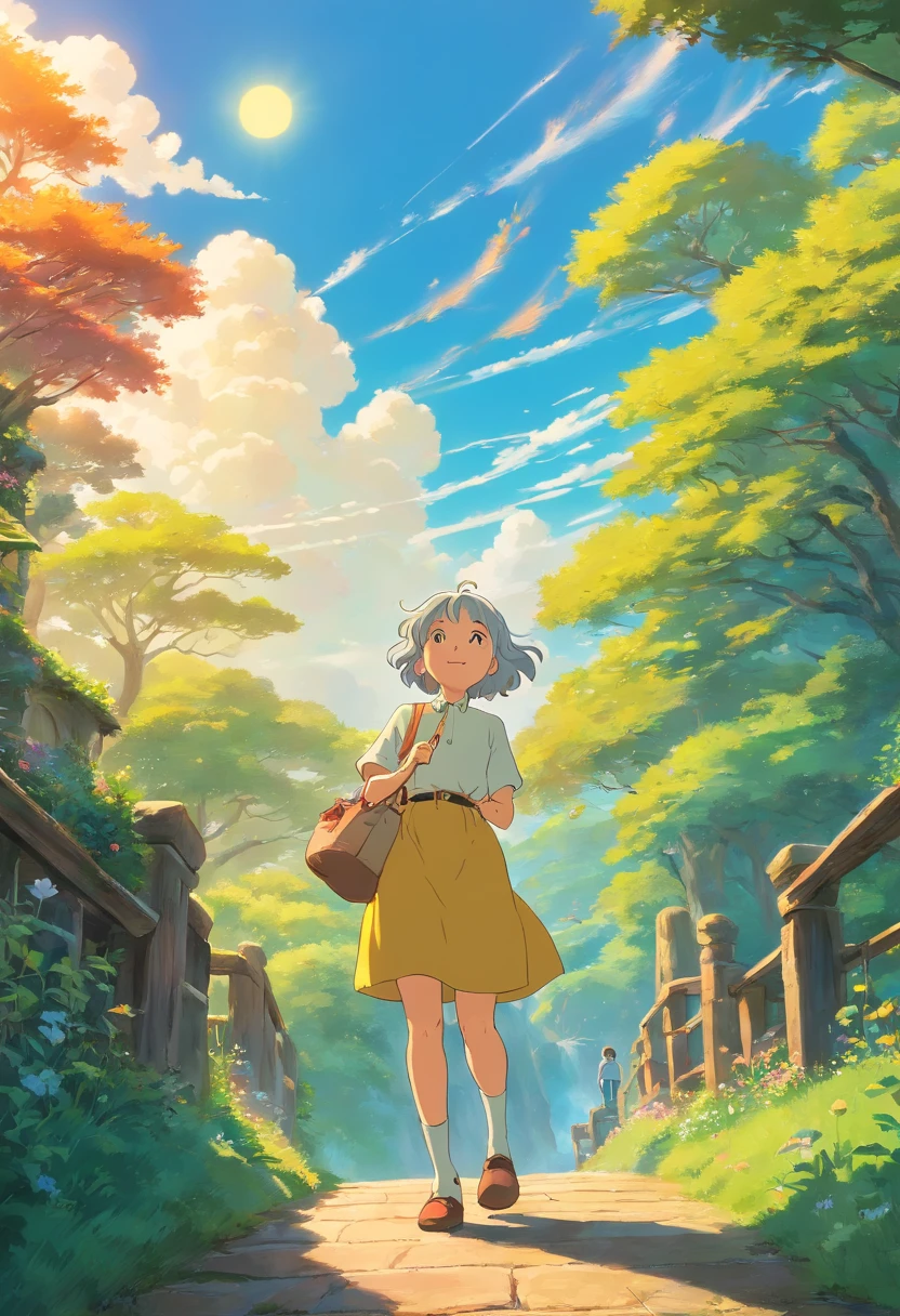 master part, floresta encantada, best quality, filme ainda, An old lady telling stories, magical books, Cabrita limps without a prosthetic leg, um galo com bico de corneta, Girl with heart in hand, miyazaki's animated film, Anime Ghibli, Cloud floating in the sky, blue skies, Close-up, brilhante, Feliz, Soft lighting and Warm, nascer do sol, (Sparks:0.7), ultra-grande angular, 8k, super detalhe, ccurate, best quality
