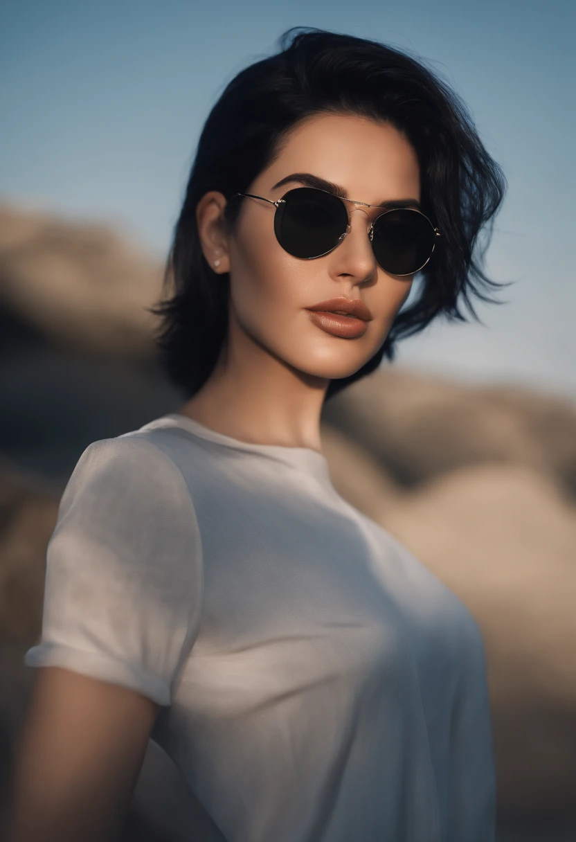 White Skin Short Black Hair Brave Big Black Sunglasses Unisexy Grey Lenses Dark Blue Shirt 28 Year Old Backyard Background 3D Fish Image