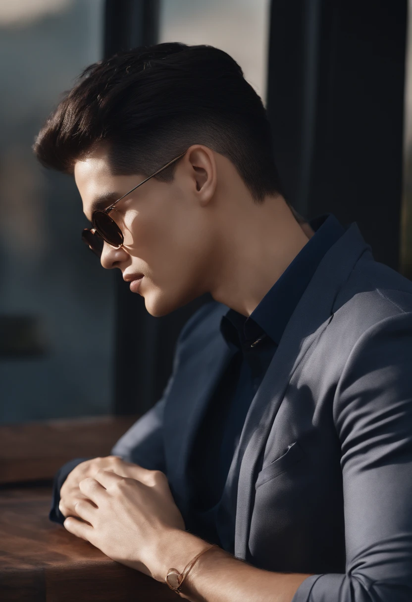 White Skin Short Black Hair Brave Big Black Sunglasses Unisexy Grey Lenses Dark Blue Shirt 28 Year Old Backyard Background 3D Fish Image