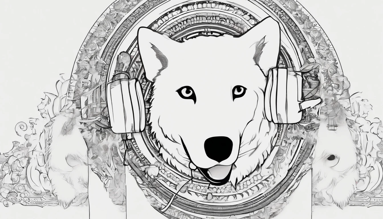 Samoyed with headphones and a bandana around his neck, coloring page, para adultos, linhas em negrito, corpo do filhote de cachorro mandala, mandala, Mandala Face, symmetric, fundo branco, Arte de linha limpa, arte de linha fina, - - AR 14,8cmx21cm
