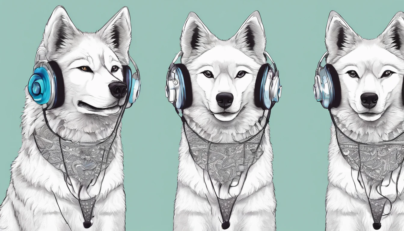 Samoyed with headphones and a bandana around his neck, coloring page, para adultos, linhas em negrito, corpo do filhote de cachorro mandala, mandala, Mandala Face, symmetric, fundo branco, Arte de linha limpa, arte de linha fina, - - AR 14,8cmx21cm