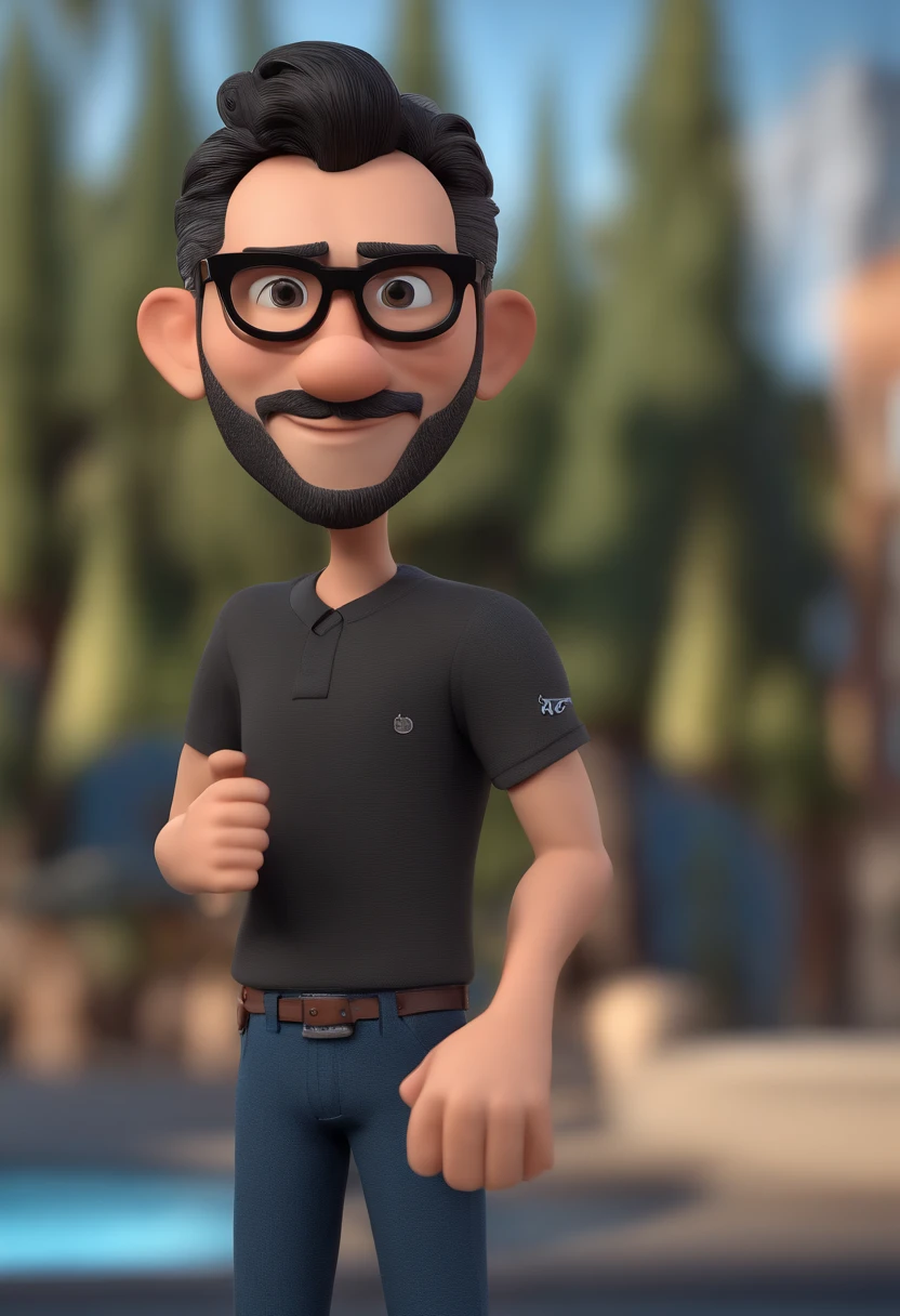 Cartoon character of a man with black glasses and a black polo shirt, cabelo liso, With beard and old school tattoo on his arm, animation character, Caractere estilizado, animation style rendering, 3D estilizado, Arnold Maya render, 3 d render stylized, toon render keyshot, Personagem 3D, Personagem 3D, 3d rendering stylized, 3 d character render, personagem de desenho animado, Personagem de close up, Pose de personagem,  (Estilo Pixar) (master part:1.2) (Bokeh) (best quality) (pele detalhada) (textura detalhada) (8k) (argila) (Cinematic lighting) (foco nítido