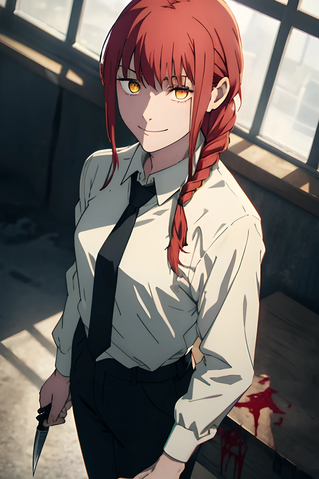 makima \(chainsaw man\), holding knife, blood rain, 1girl, solo, standing, red hair, long braided hair, golden eyes, bangs, medium breasts, white shirt, necktie, stare, smile, (evil:1.2), looking at viewer, (interview:1.3), dark background, pants, black pants, best quality, shiny skin, highest quality, high resolution.