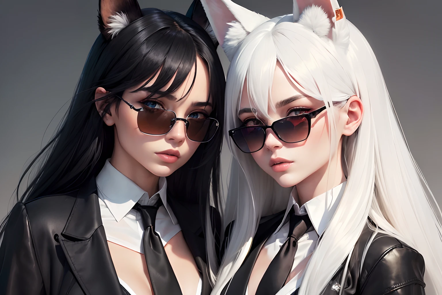 (best quality,4k,8k,highres,masterpiece:1.2),ultra-detailed,detailed face,realistic,
BREAK The portrait of two women lying on their sides, their bodies forming the symbol of yin and yang,(the first woman is Lotan beautiful caucasian woman with straight long black hair,blue eyes,fair skin,voluptuous,dragon horns on the head,detailed lips and eyes,expressive face,attractive appearance),
(the second woman is BLARKY beautiful caucasian woman with very long straight white hair,(yellow eyes),fair skin,animal ear fluff,animal ears,extra ears,fox ears,fox girl,fox tail,long hair,bangs,hair between eyes,large breasts,detailed lips and eyes,expressive face,attractive appearance),
BREAK (formal suit (long sleeves black jacket), (white collared shirt), (black necktie), (black pants:1.3), (shirt tucked in):1.5), ((Sunglasses:1.3)),BREAK dark background with the yin and yang symbol below the two girls, --ar 3:2