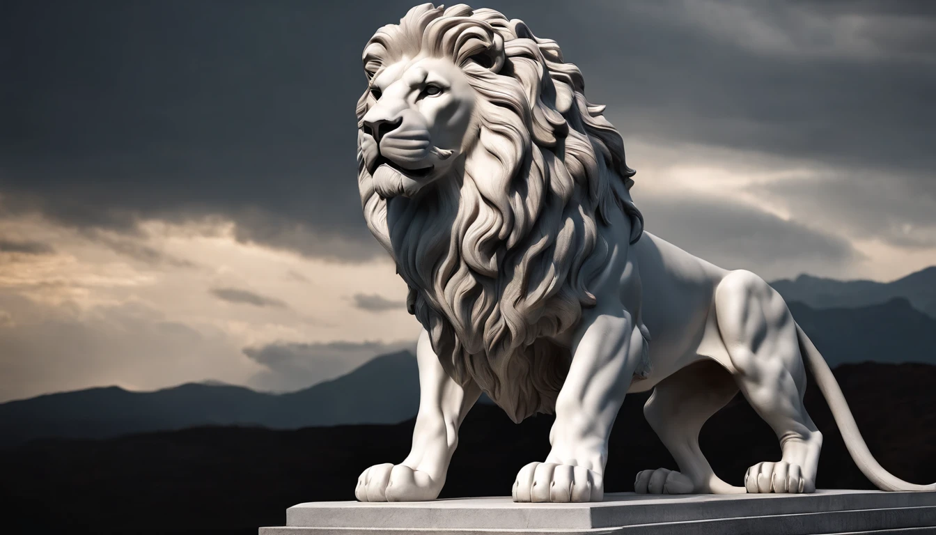 A white marble statue of a muscular lion, sitting, roaring, cinematic Hercules 4K style, and dark background.