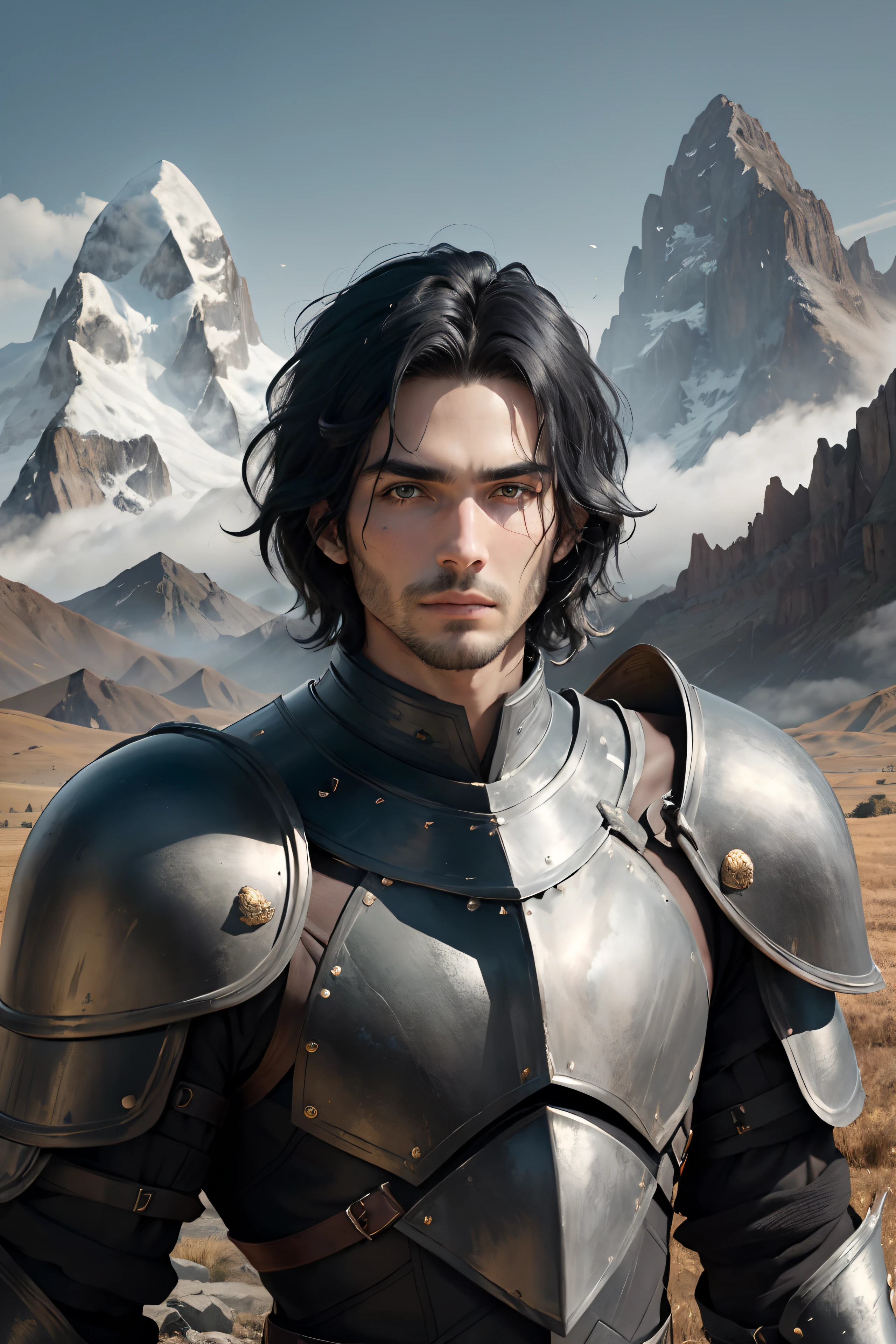 ((masterpiece, best quality)), 1guy, (((man))), messy medium black hair, black armor, looking at the viewer, mountains, verdant fields, 8k, perfect eyes, perfect hands, smart looking, thinking