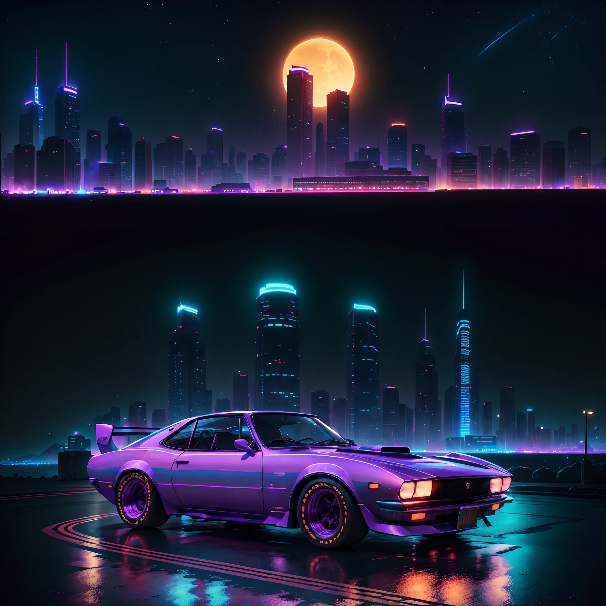 retrowave. city, 1969 Nissan S30, wide body kit, road,  purple neon lights, sun, mountain, 
(masterpiece,detailed,highres),