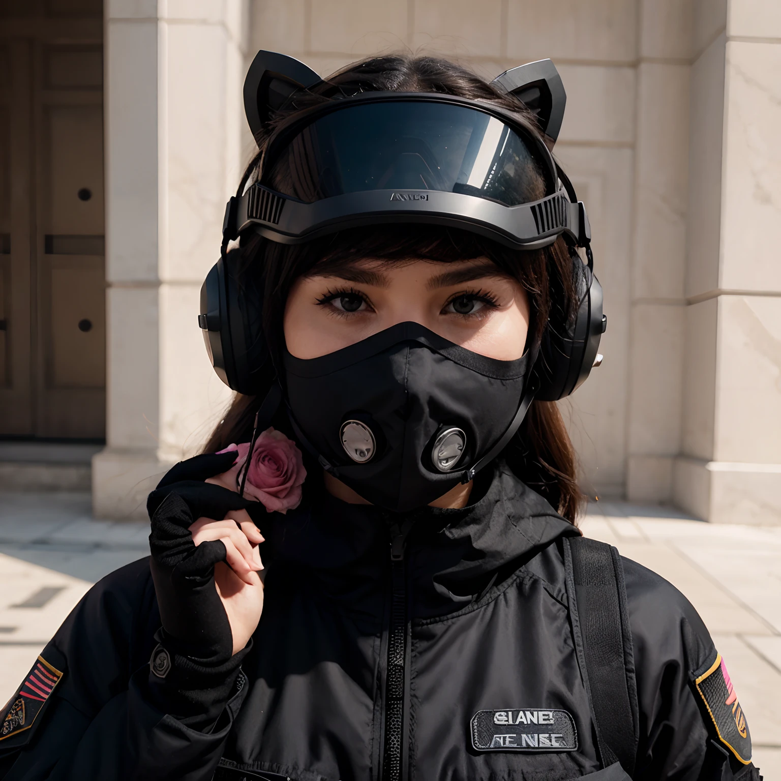 Silent ranger special ops tactical gear wearing face mask covering nose and under pink rose shades and black headset