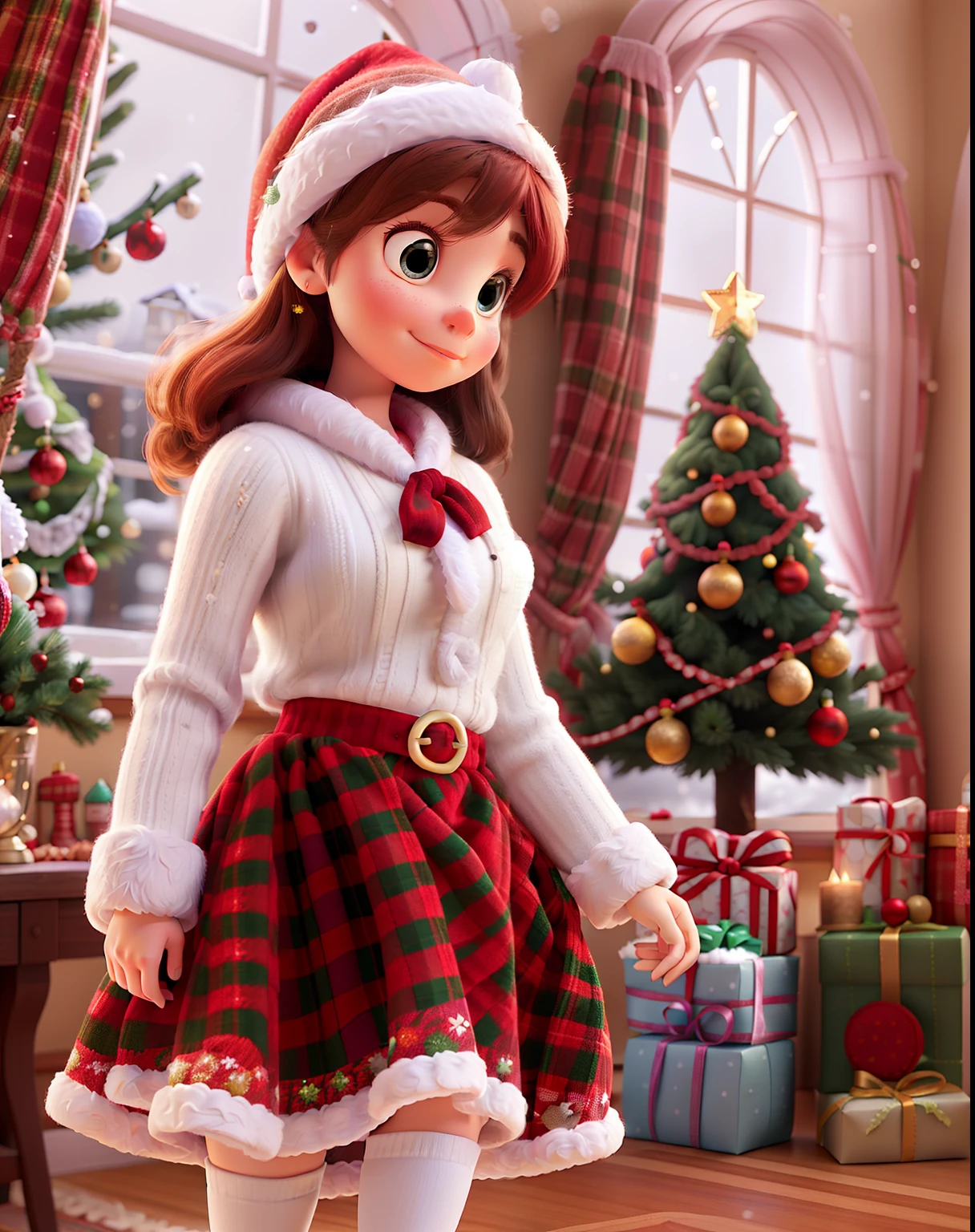 In a charming Disney Pixar Christmas setting, an indoor house is adorned with festive "Christmas" decorations, as gentle "snow" falls outside. A "cute young adult woman" in cozy "wool" winter underwear climbs to decorate her Christmas tree, framed by the inviting glow of the "window," capturing the heartwarming holiday spirit. She is wearing wool lingerie underwear. view from behind