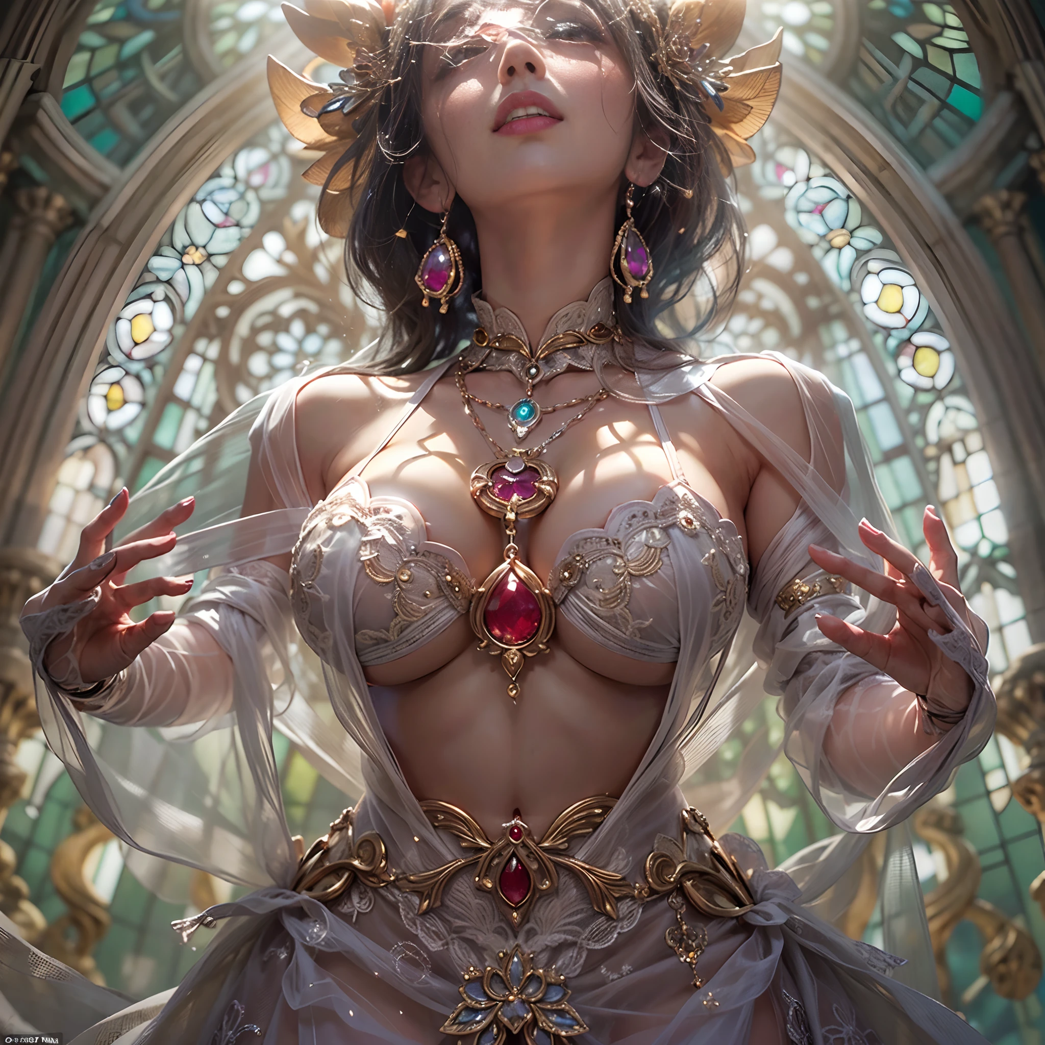from below:1.2, (((masutepiece:1.35))), (((8K))), (((hight resolution))), surrealism, god rays, Zoom Layer, (((photorealistic:1.37))), F/4.0, canon, Detailed glistening skin,Detailed face, Detailed eyes, Beautiful bride goddess, Princes Tiara, delicate lace knitted see-through wedding dresses, Mystical sight, ((Light shines through stained glass:1.2)), Gigantic (Cleavage:1.37), Overflowing, Biomechanical HUGE and HEAVY boob, (navel), (brilliant simple ruby accessories), { ((correct hands))|((hidden hands)) }