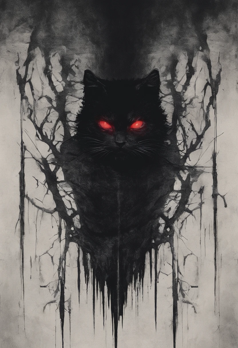 Forme noire, cat-like red eyes, dans l'ombre, a silvery spear stained with blood, reflet brillant