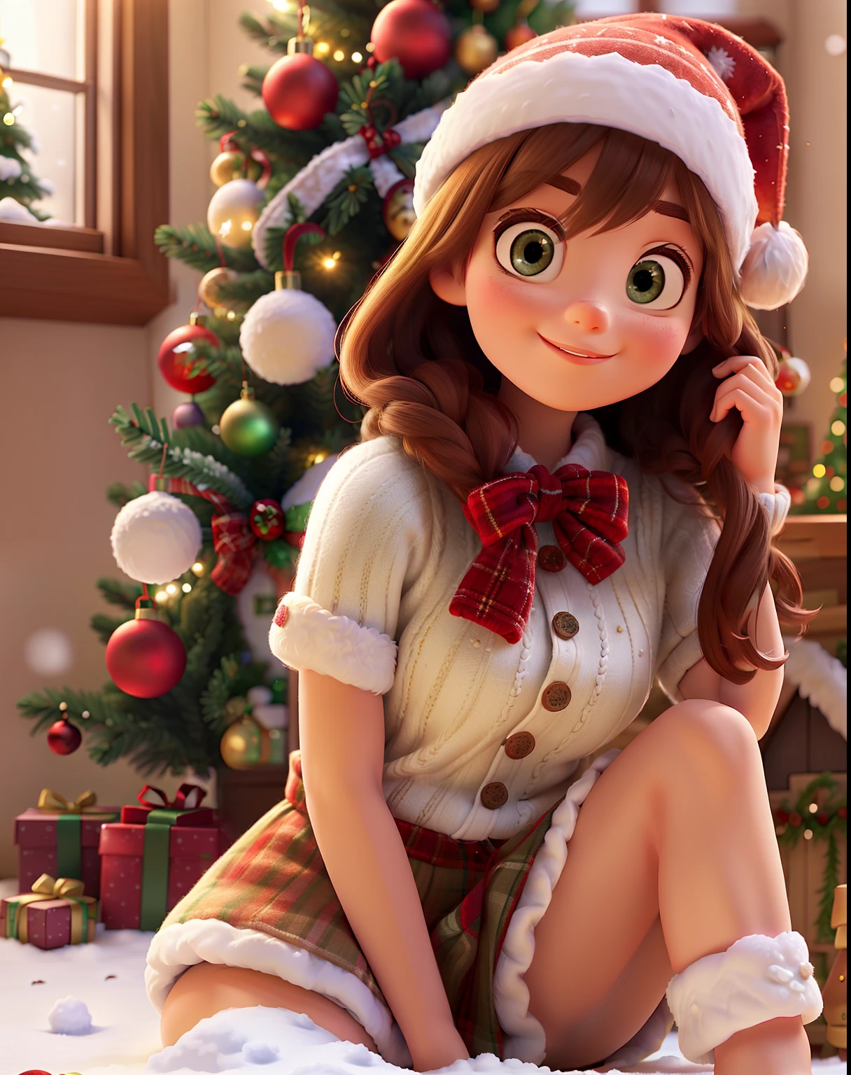 In a charming Disney Pixar Christmas setting, an indoor house is adorned with festive "Christmas" decorations, as gentle "snow" falls outside. A "cute young adult woman" in cozy "wool" winter underwear climbs to decorate her Christmas tree, framed by the inviting glow of the "window," capturing the heartwarming holiday spirit. She is wearing wool lingerie underwear. view from behind