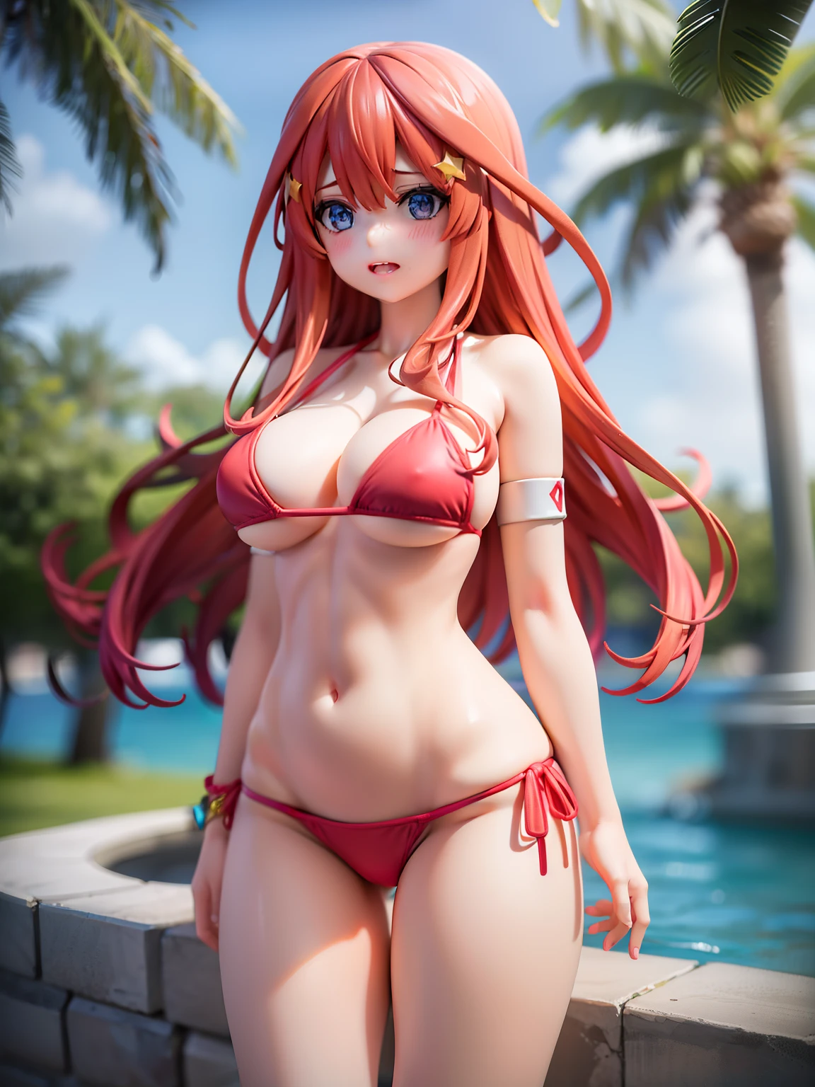 1girl, Anime girl with long hair, (((red bikini))), anime moe art style, Anime visuals of cute girls, Anime Best Girl, itsuki nakano figure, pretty anime girl, Smooth Anime CG Art, Seductive Anime Girl, charming anime girls, Cute anime girl, Shining eyes, big boobs, (((((standing))))), ((looking at viewer)), (((((ashamed))))), red hair, blue eyes, ((((thick thighs)))), figure base, white background
