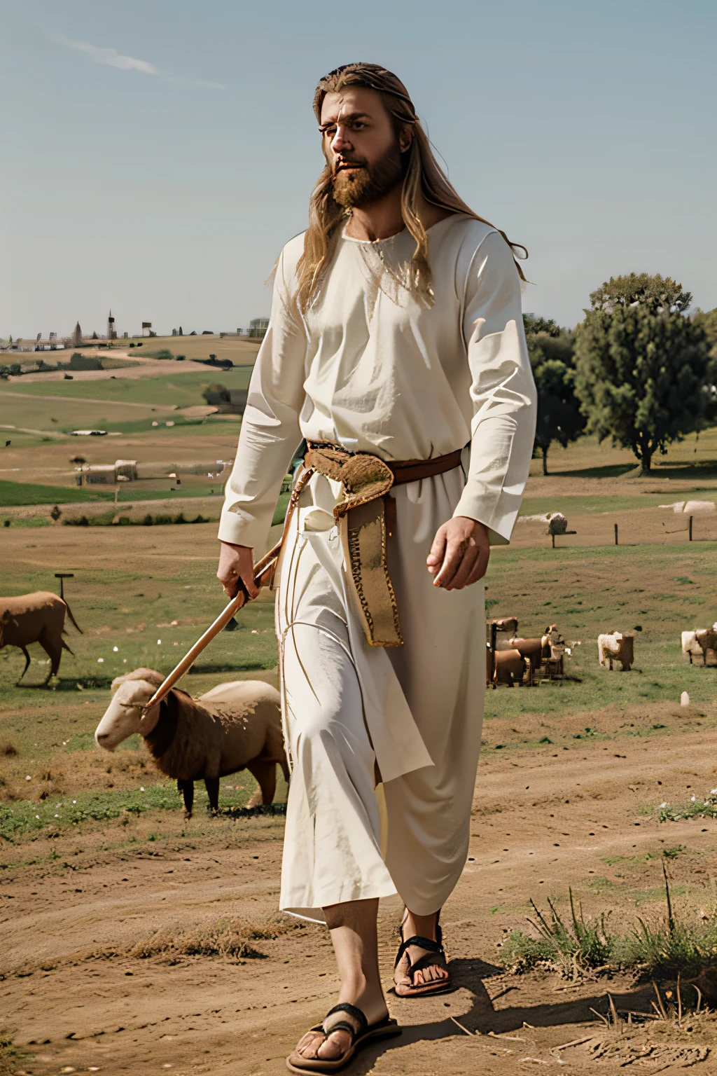 A man from the medieval age, tall and handsome, with long blond hair, large beard, green eyes, small nose, wearing a white tunic cinched at the waist, wearing sandals of the time, with a staff in his hand, herding sheep in the fields from Israel