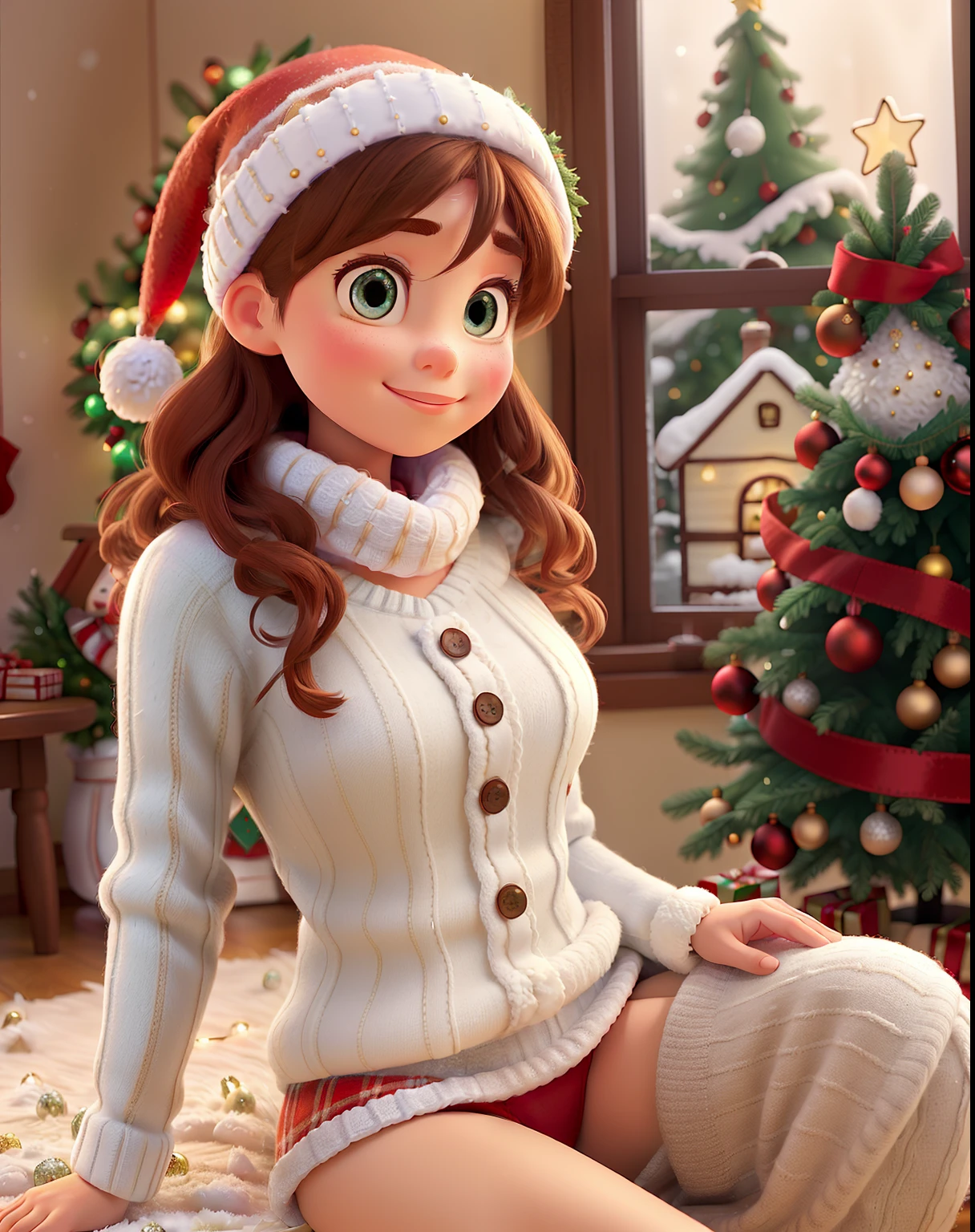 In a charming Disney Pixar Christmas setting, an indoor house is adorned with festive "Christmas" decorations, as gentle "snow" falls outside. A "cute young woman" in cozy "wool" winter underwear climbs to decorate her Christmas tree, framed by the inviting glow of the "window," capturing the heartwarming holiday spirit. She is wearing wool lingerie underwear.