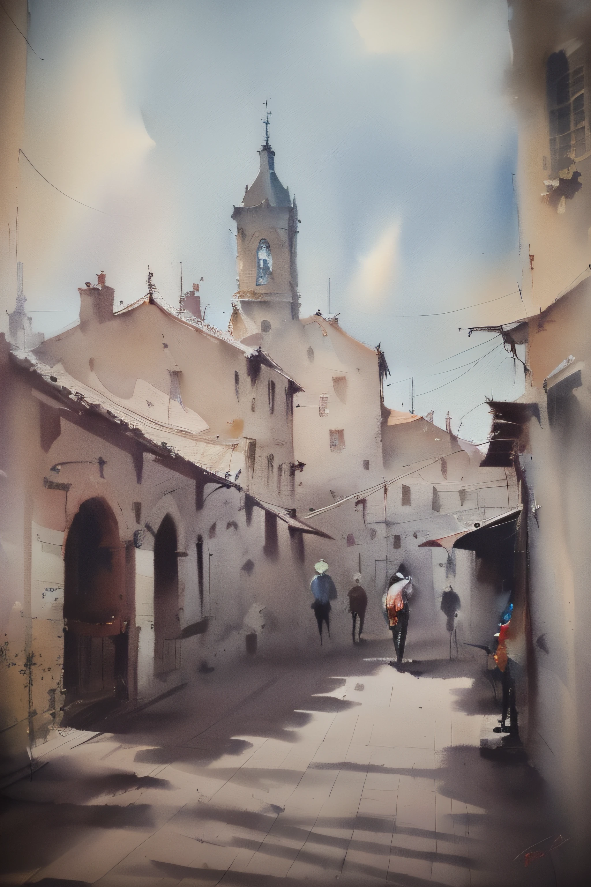 A sandstorm breaks out in the city、There is a clock tower in the center、Composition looking down from overhead、Watercolor Touch