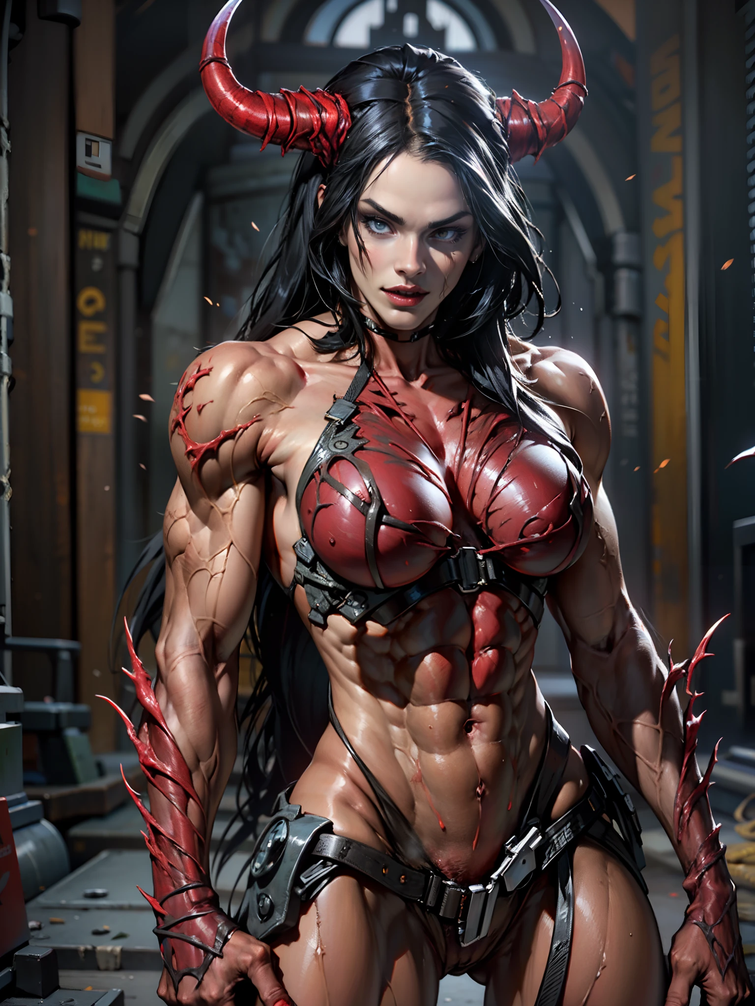 (8k, RAW photo, photorealistic:1.25), (carnage & witchblade physique:1.5), (megan-fox:1.5), (super muscular succubus with flayed skin:1.5), (zombie necrotic muscle:1.5), (demoness with Large horns:1.25), (witchblade muscular anatomy:1.5), (perfect fingers:1.25), best quality, masterpiece, finely detail, realistic skin texture, 85 mm art lens, f 1.2, sharp focus, 8 k high definition, insanely detailed, intricate,,