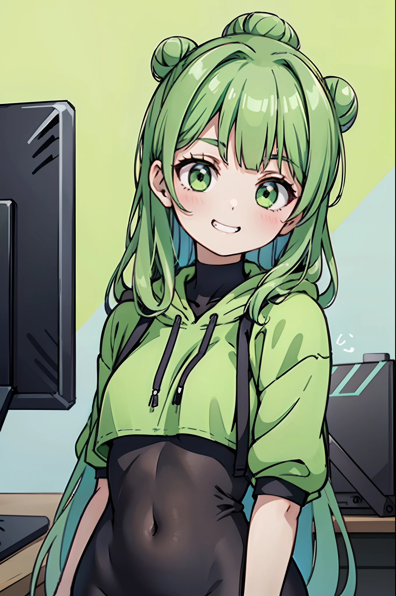 1girl, solo, short girl, dark green hair, messy hair, long hair, buns, light green eyes, beautiful eyes, crop top hoodie, cropped hoodie, unitard below clothes, tech fashion, smile, grin, closed mouth, office, indoors, walking, upper body (hands behind back), looking away, simple, vector, sketch,