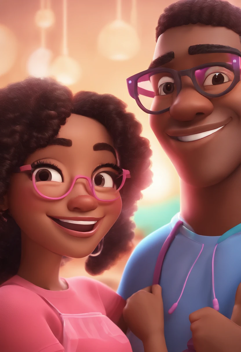 An illustration of an adorable couple, Highlight for a chubby black man in a smiling pink cap and a black woman with beautiful expressive eyes, curly hair and pink glasses - the man's skin is black while the woman's skin is black and the woman's hair is curly and black. They are a bright room, cada um com um sorriso no rosto, e compartilhar um momento especial caracterizado pelo amor, Insights. Illustrate this scene from a perspective where they are facing the camera, Smiling and Showing Your Connection. Desenvolva esta arte em Full HD, Focus on your cinematic touch, Estilo Disney Pixar Animations