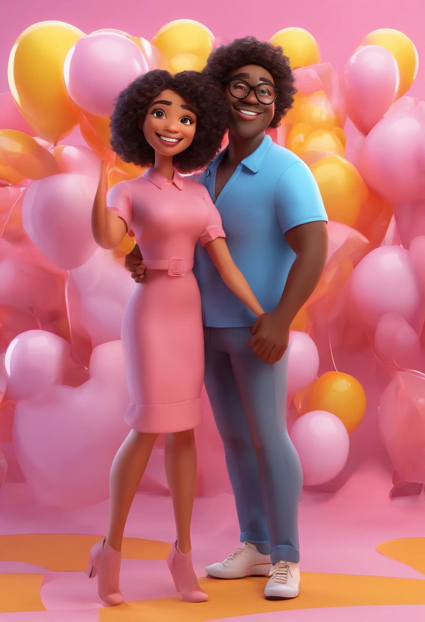 An illustration of an adorable couple, Highlight for a chubby black man in a smiling pink cap and a black woman with beautiful expressive eyes, curly hair and pink glasses - the man's skin is black while the woman's skin is black and the woman's hair is curly and black. They are a bright room, cada um com um sorriso no rosto, e compartilhar um momento especial caracterizado pelo amor, Insights. Illustrate this scene from a perspective where they are facing the camera, Smiling and Showing Your Connection. Desenvolva esta arte em Full HD, Focus on your cinematic touch, Estilo Disney Pixar Animations