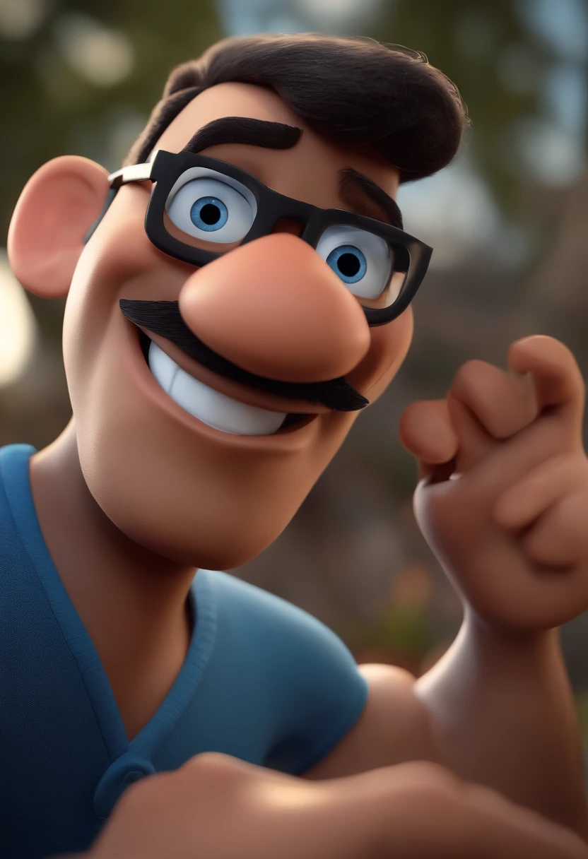 Cartoon character of a man with black glasses and a blue shirt, animation character, Caractere estilizado, animation style rendering, 3D estilizado, Arnold Maya render, 3 d render stylized, toon render keyshot, Personagem 3D, Personagem 3D, 3d rendering stylized, 3 d character render, personagem de desenho animado, Personagem de close up, Pose de personagem,  (Estilo Pixar) (master part:1.2) (Bokeh) (best quality) (pele detalhada) (textura detalhada) (8k) (argila) (Cinematic lighting) (foco nítido