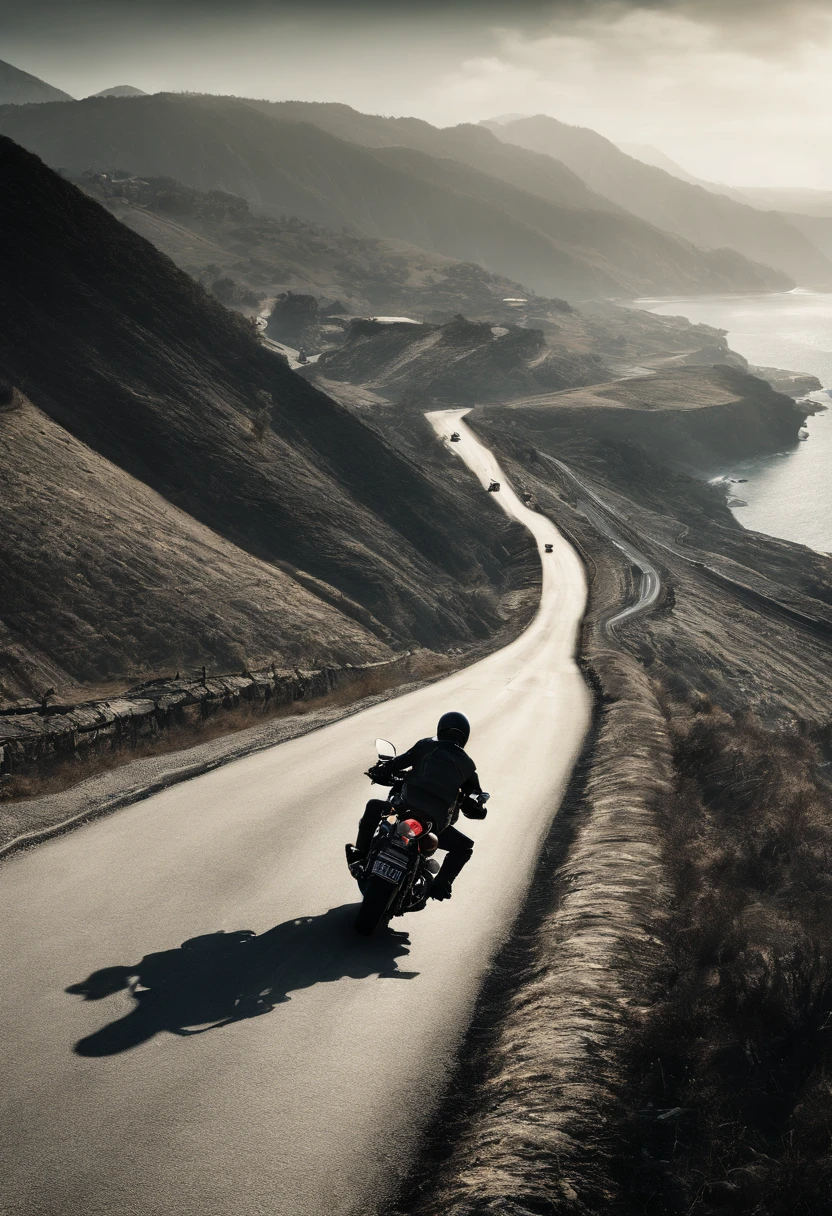 A wide winding road rising towards mountains with vast vegetation, the initial part of this road is over the sea. 22 Twenty-two motorcyclists seen from behind approximately two meters apart are traveling along this road. The first motorcyclist is close to the mountains, the second is two meters away from the first, the third is two meters away from the second and so on until the last one is on the part of the road over the sea. The twenty-two motorcyclists have classic motorcycles and also modern motorcycles. A large bright sun is at half height in the background of the image. The road and the twenty-two motorcyclists are heading towards the sun. Ultra realistic, perfect image with lots of details where you can see all twenty-two motorcyclists. Day with clear sky. The twenty-two motorcyclists are wearing clothing typical for riding a motorcycle, such as vests and leather jackets. Well-signposted and defined road with sharp curves, with walls and protective guardrails. The sun stands out for its brightness. Some motorcycles have a driver and passenger.
There are motorcycles of various colors and models. The 22 twenty-two motorcyclists, with their twenty-two motorcycles, are heading in the same direction, in the same direction of the road towards the mountains. You can see the shine and details of the 22 twenty-two motorcycles. The sea gently touches the beach next to the start of the new asphalt road. The twenty-two motorcyclists and their twenty-two motorcycles are seen from behind heading towards the mountains, towards the Sun.