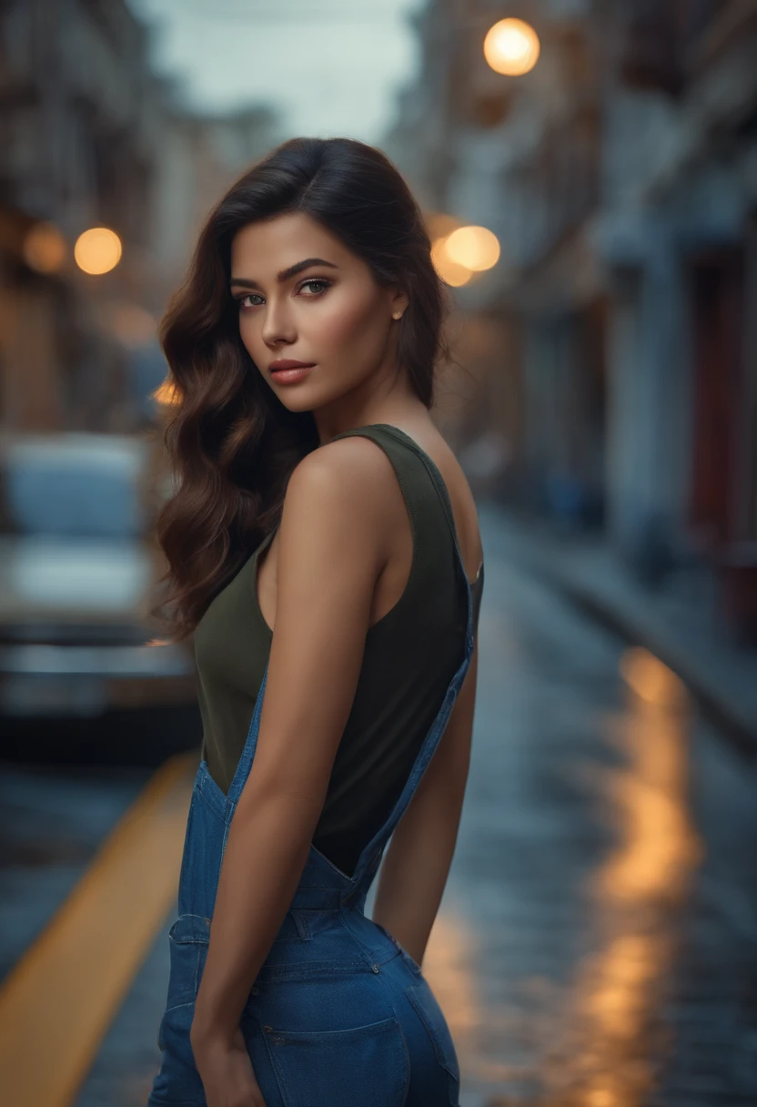 a photo of pho3b3cat3s, beautiful woman, ((24 years old)), street, tshirt, denim overalls, 1980s, retro, long wavy dark hair ponytail, (masterpiece), (extremely detailed CG unity 8k wallpaper), Intricate, ((photorealistic)),