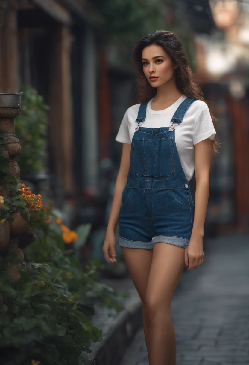 a photo of pho3b3cat3s, beautiful woman, ((24 years old)), street, tshirt, denim overalls, 1980s, retro, long wavy dark hair ponytail, (masterpiece), (extremely detailed CG unity 8k wallpaper), Intricate, ((photorealistic)),