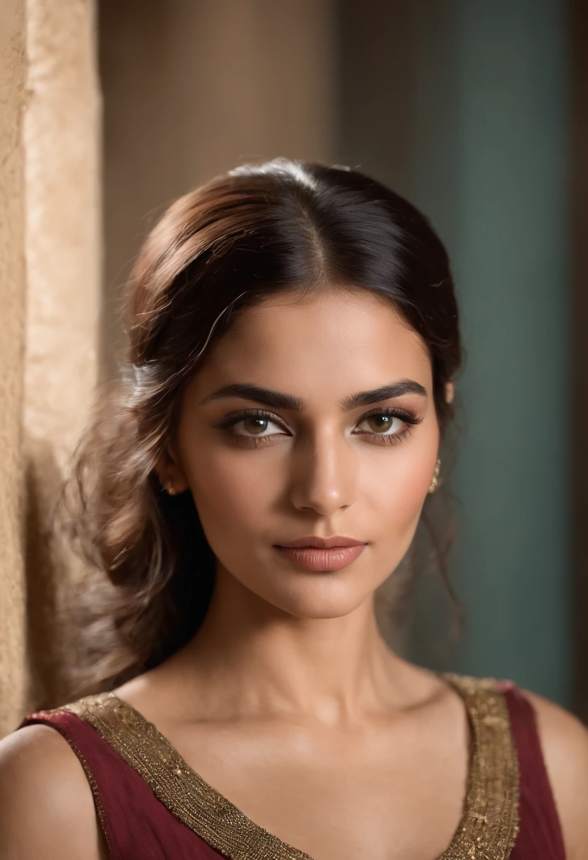 femme egyptienne aux yeux verts regardant la caméra avec des vêtements mettant en valeur sa silhouette charmante
