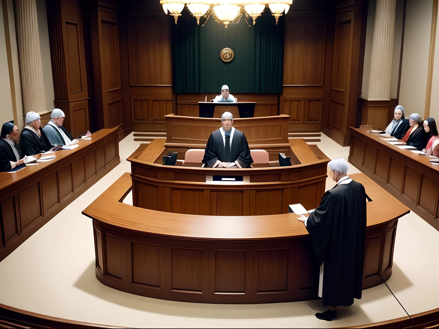 In a courtroom, several stern male judges presiding over a court hearing. The scene is set with a serious and formal atmosphere, where the judges are seated on a raised platform. the judges is dressed in black robes and white wigs