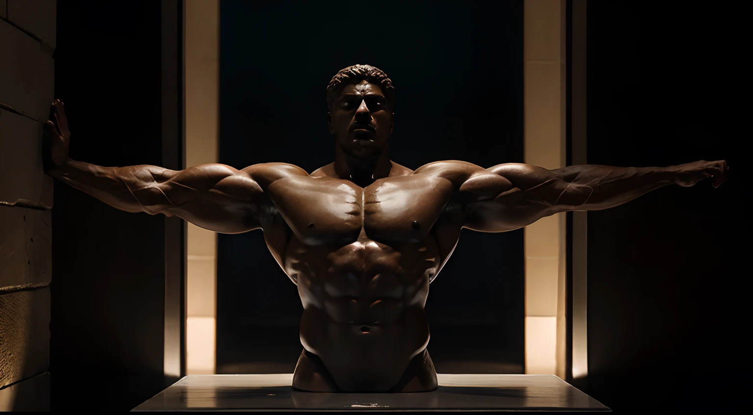 "Create a visual representation of a stoic, muscular-bodied statue clearly marking boundaries in a scene with a dark background, mostrando una presencia imponente y un sentido de autodisciplina."
